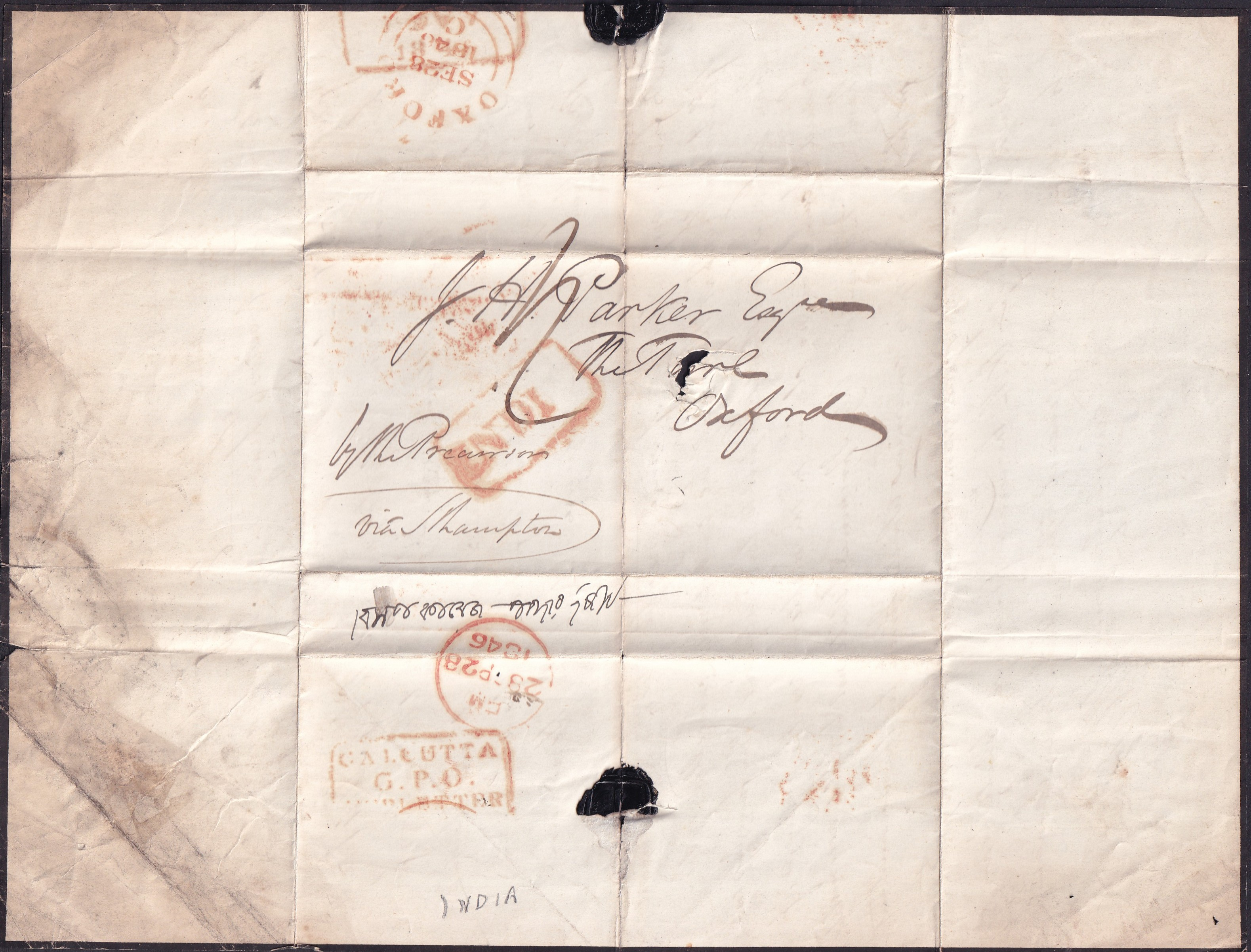 Calcutta SD16a pre stamp cover — back (COV-3147)