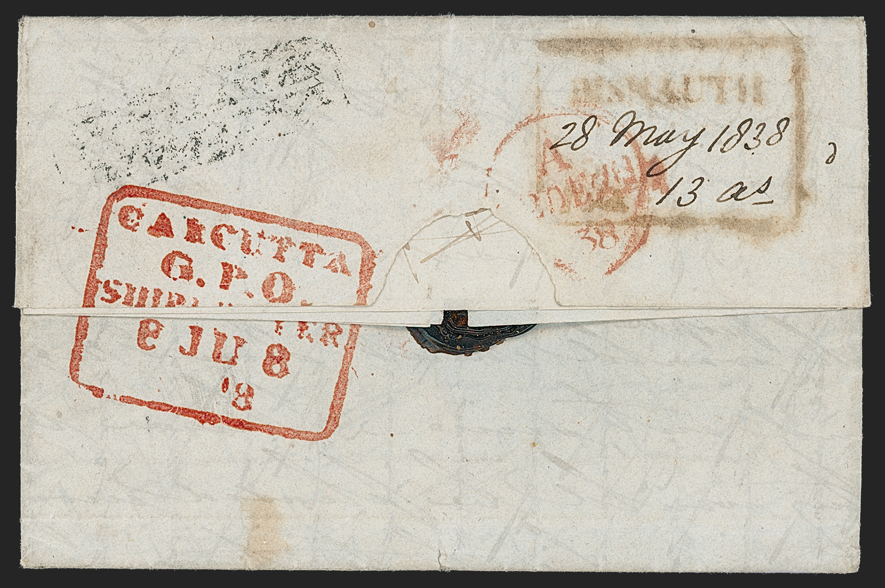 Pre-stamp cover of India — 28 May 1838, Bishauth HG 1 handstruck folded letter (COV-5344)