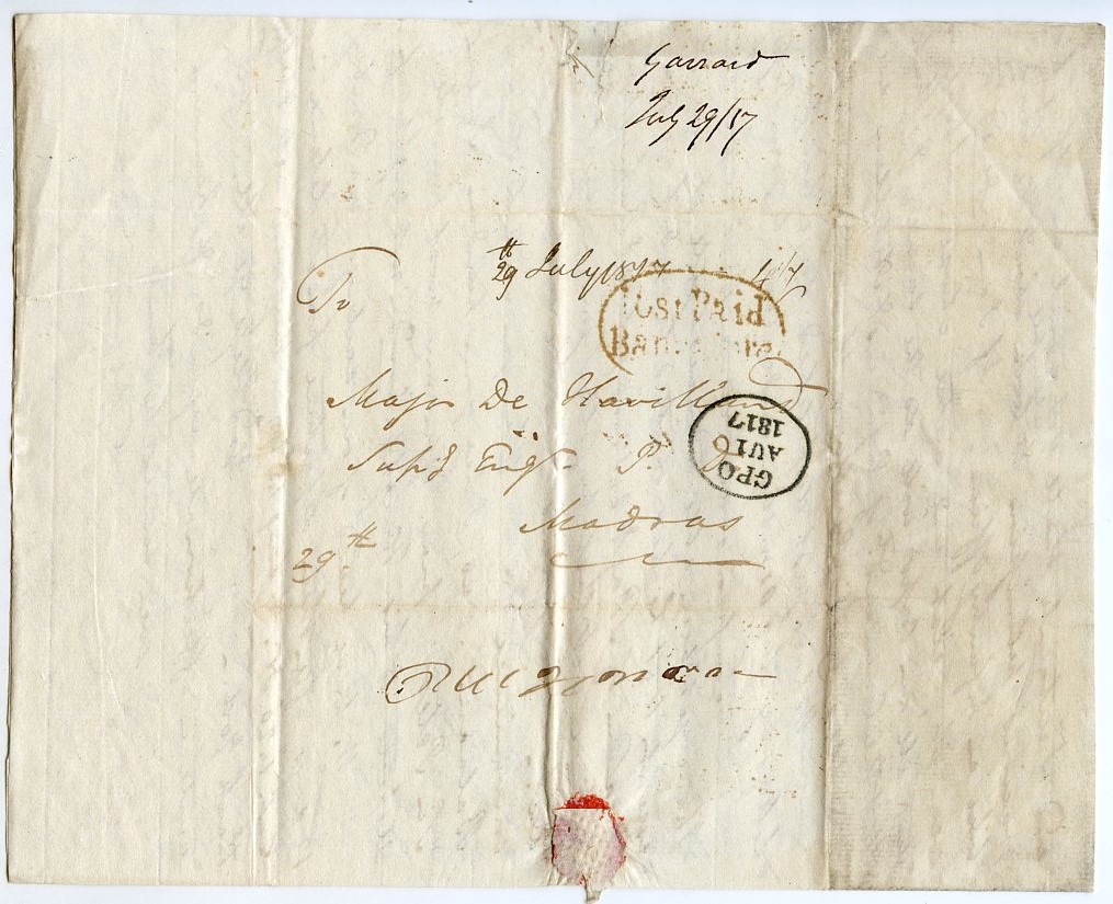 29 July 1817 Bangalore HG 2 pre stamp cover — COV-4257