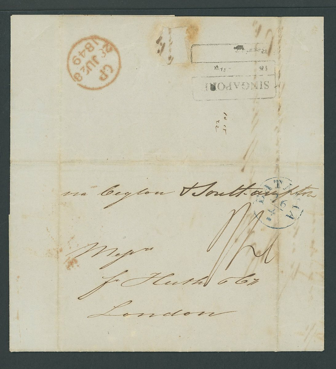 Pre-stamp cover of India — 1849, Singapore FP 4 handstruck folded letter (COV-5565)