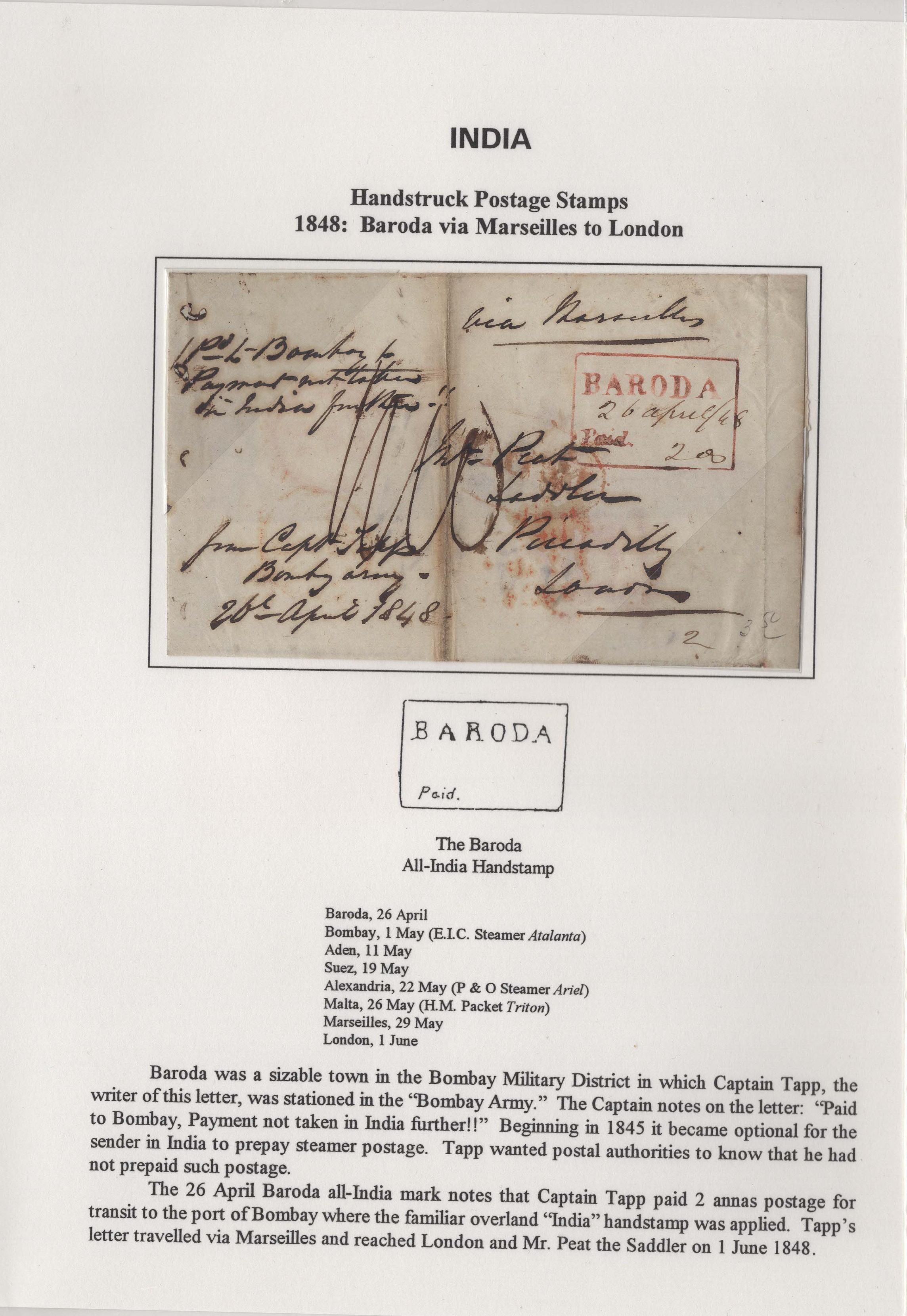 Pre-stamp cover of India — 26 April 1848, Baroda HG 1 handstruck folded letter (COV-5034)