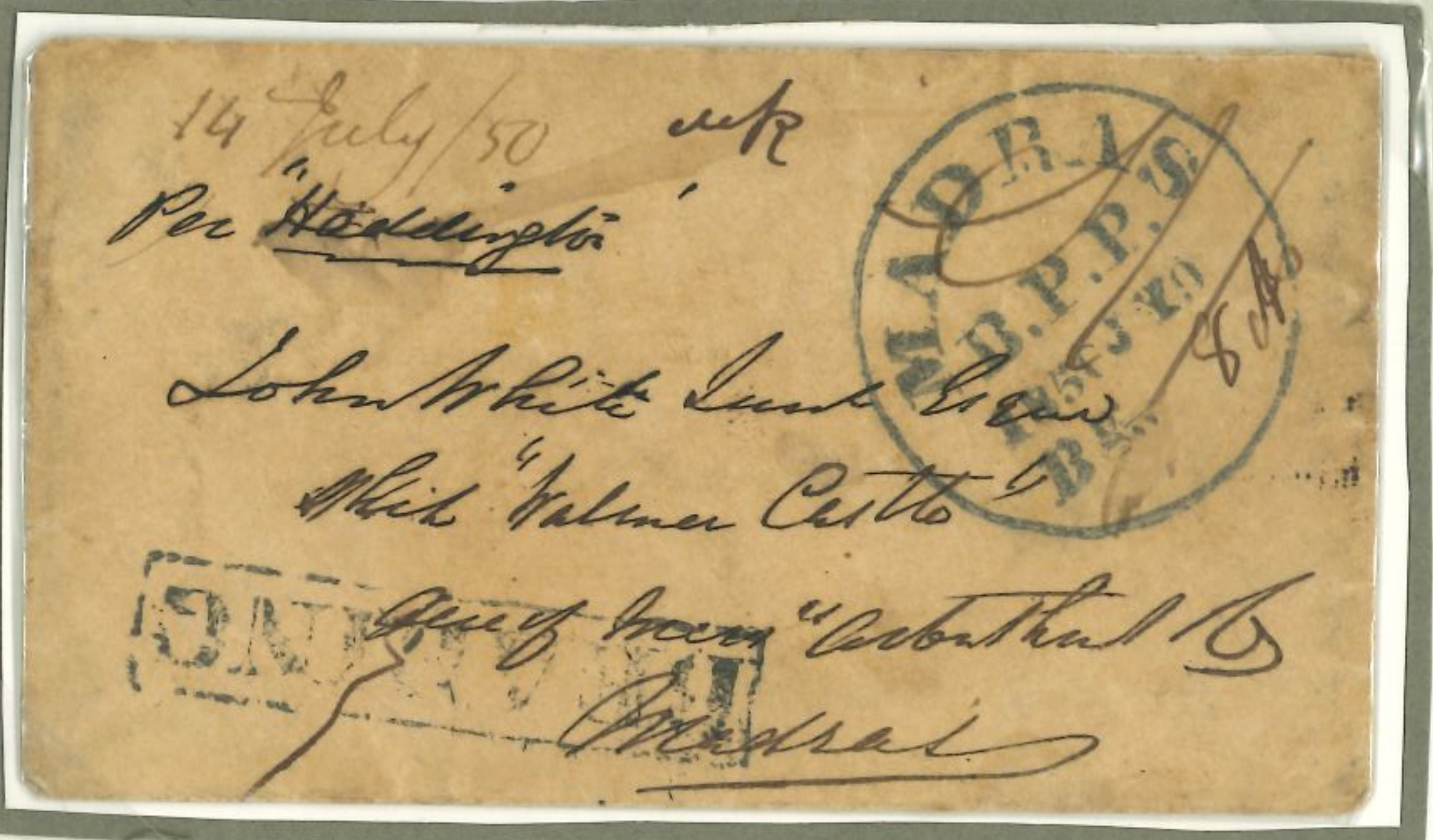 14 July 1850 Calcutta SD25 pre stamp cover — COV-2576
