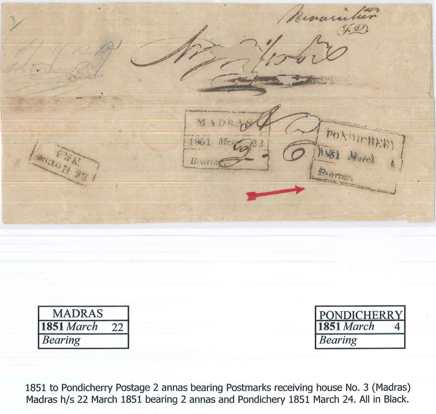COV-2492 — 4 March 1854 Pondicherry HG 11 pre-stamp cover