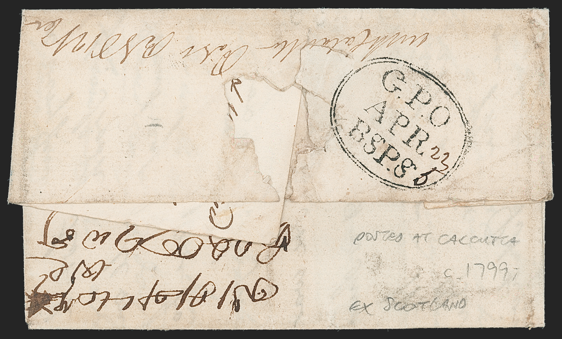 Pre-stamp cover of India — 1780, Calcutta HG 11a handstruck folded letter (COV-5266)