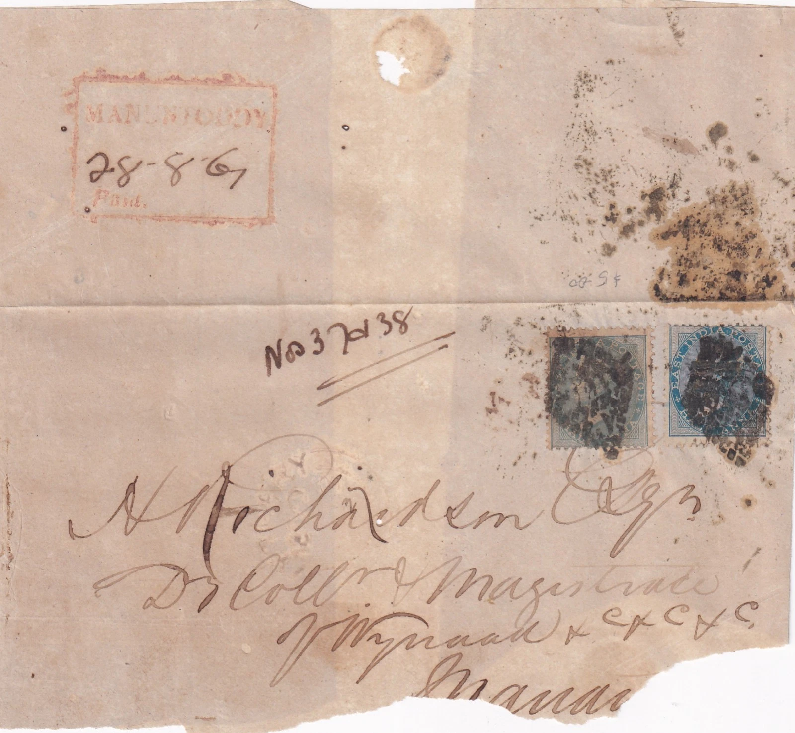 28 August 1861 Manuntaddy HG 3 pre stamp cover — COV-4296