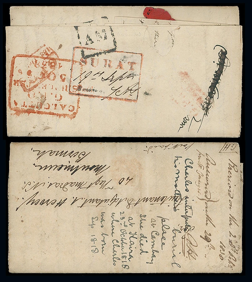 Pre-stamp cover of India — 1838, Surat HG 3 handstruck folded letter (COV-5226)