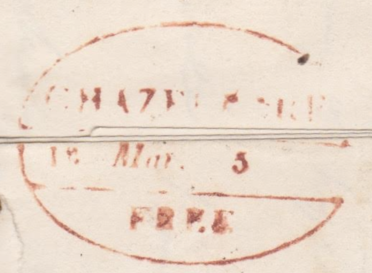 Ghazeepore HG 8 — pre-1854 Indian handstamp, 1839–1841, Red