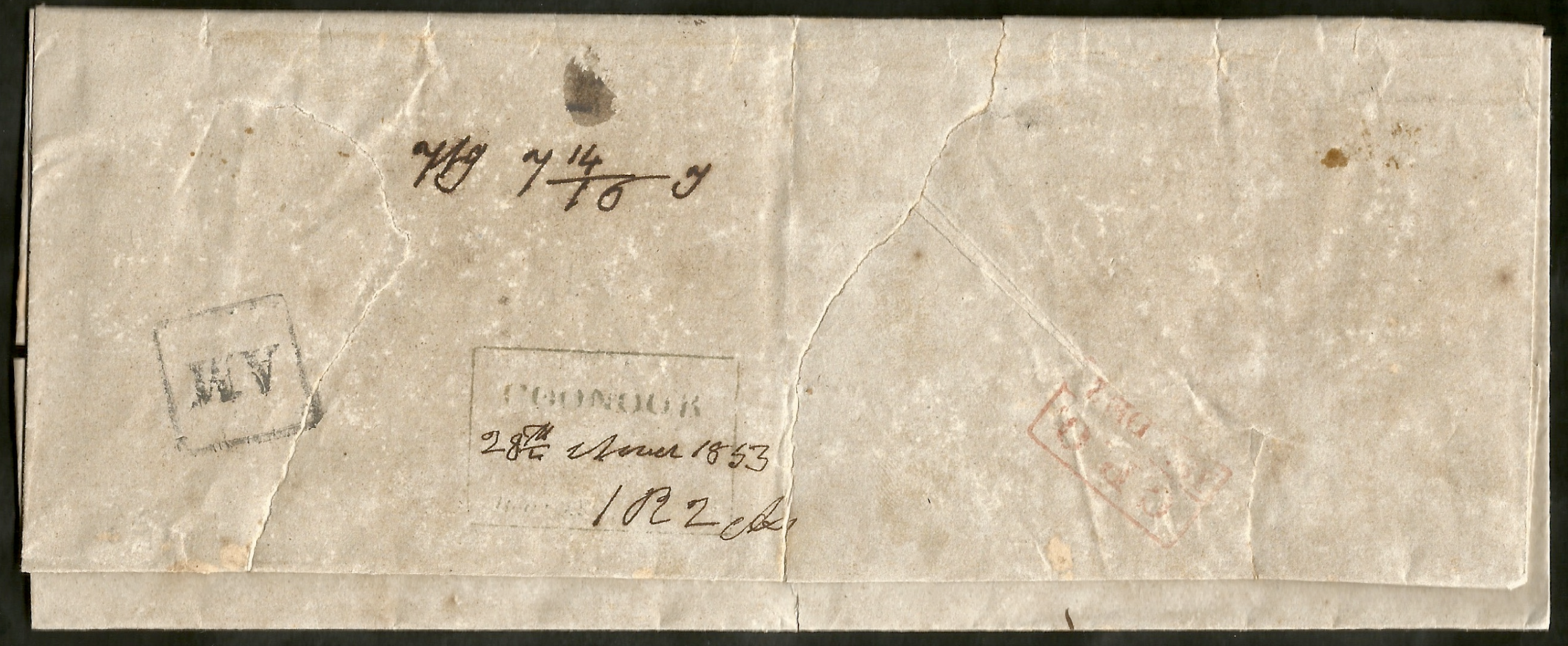 28 March 1853 Coonoor HG 2 pre stamp cover — COV-4207