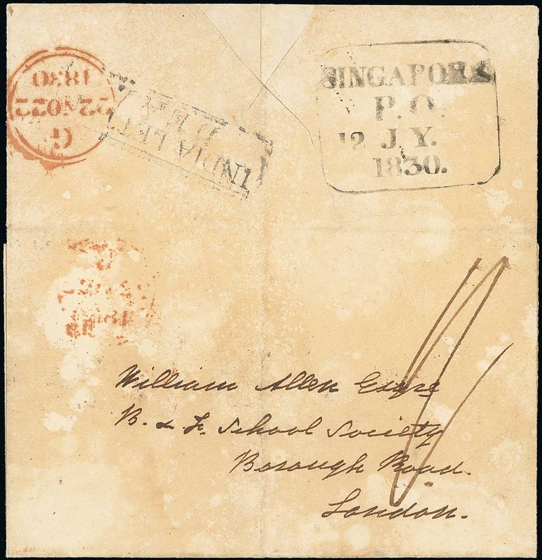 Pre-stamp cover of India — 1830, Singapore FP 1 handstruck folded letter (COV-5538)