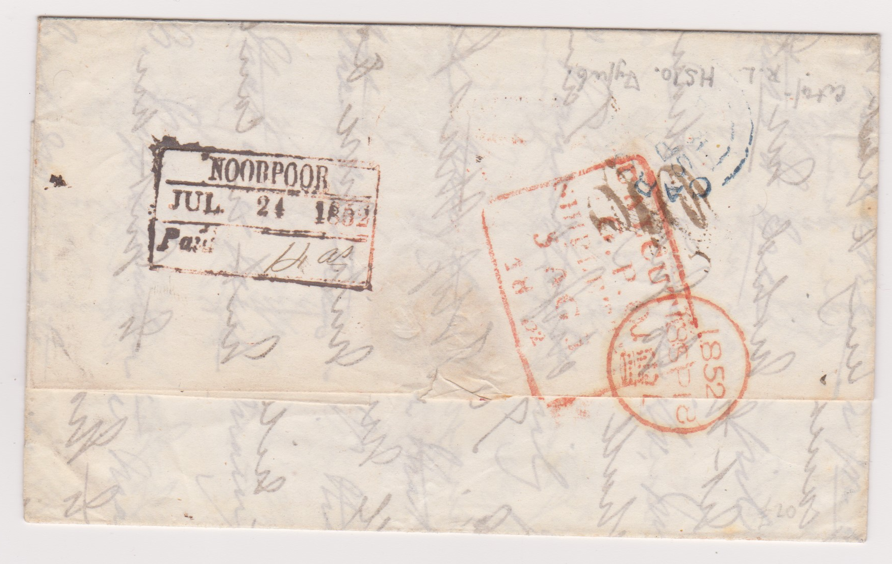 24 July 1852 Noorpoor HG 2 pre stamp cover — COV-3990