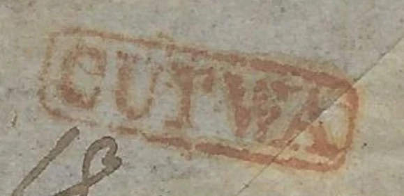 Cutwa HG 1 — pre-1854 Indian handstamp, 1855, Red