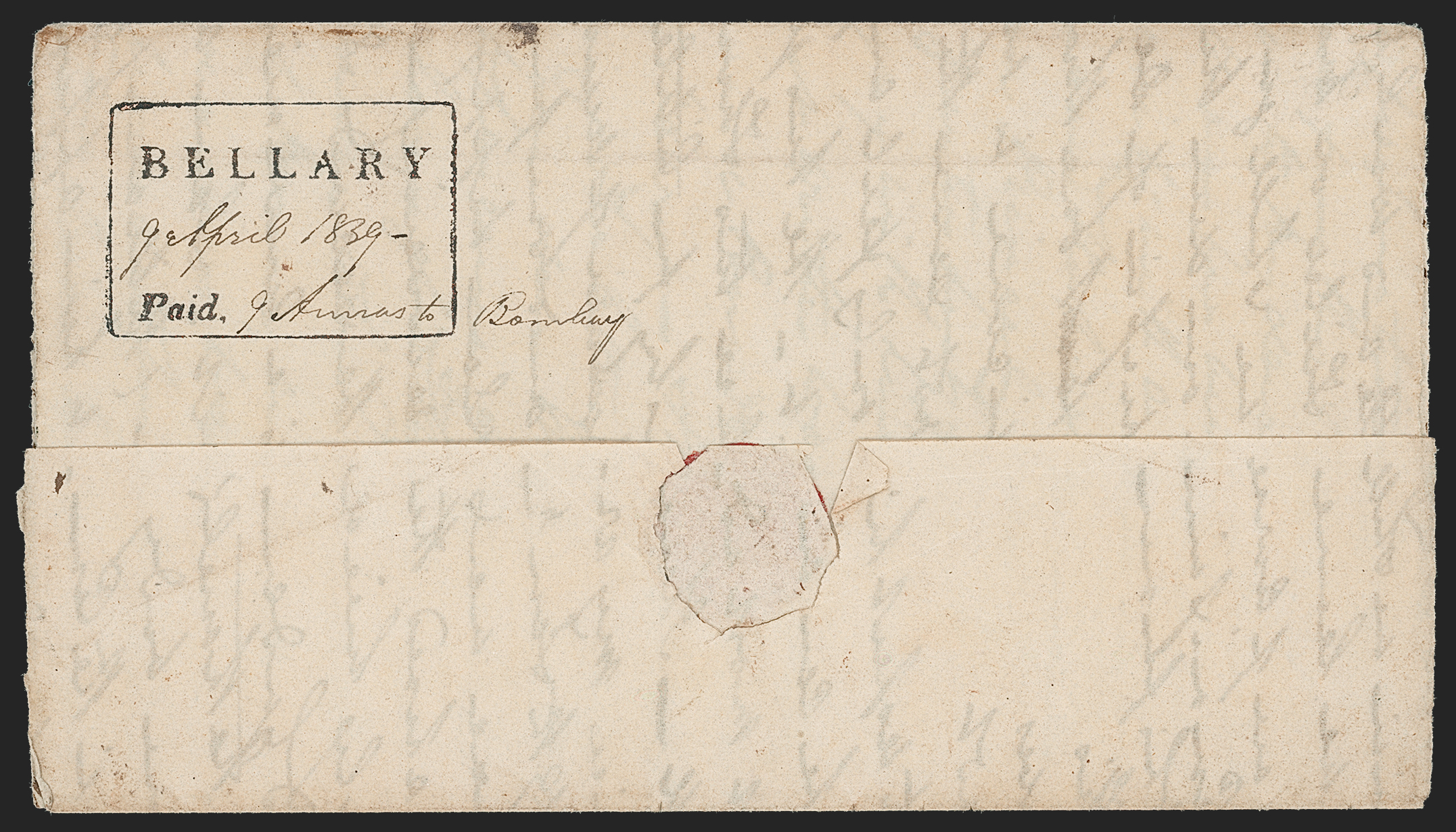 Pre-stamp cover of India — 9 April 1839, Bellary HG 6 handstruck folded letter (COV-5247)