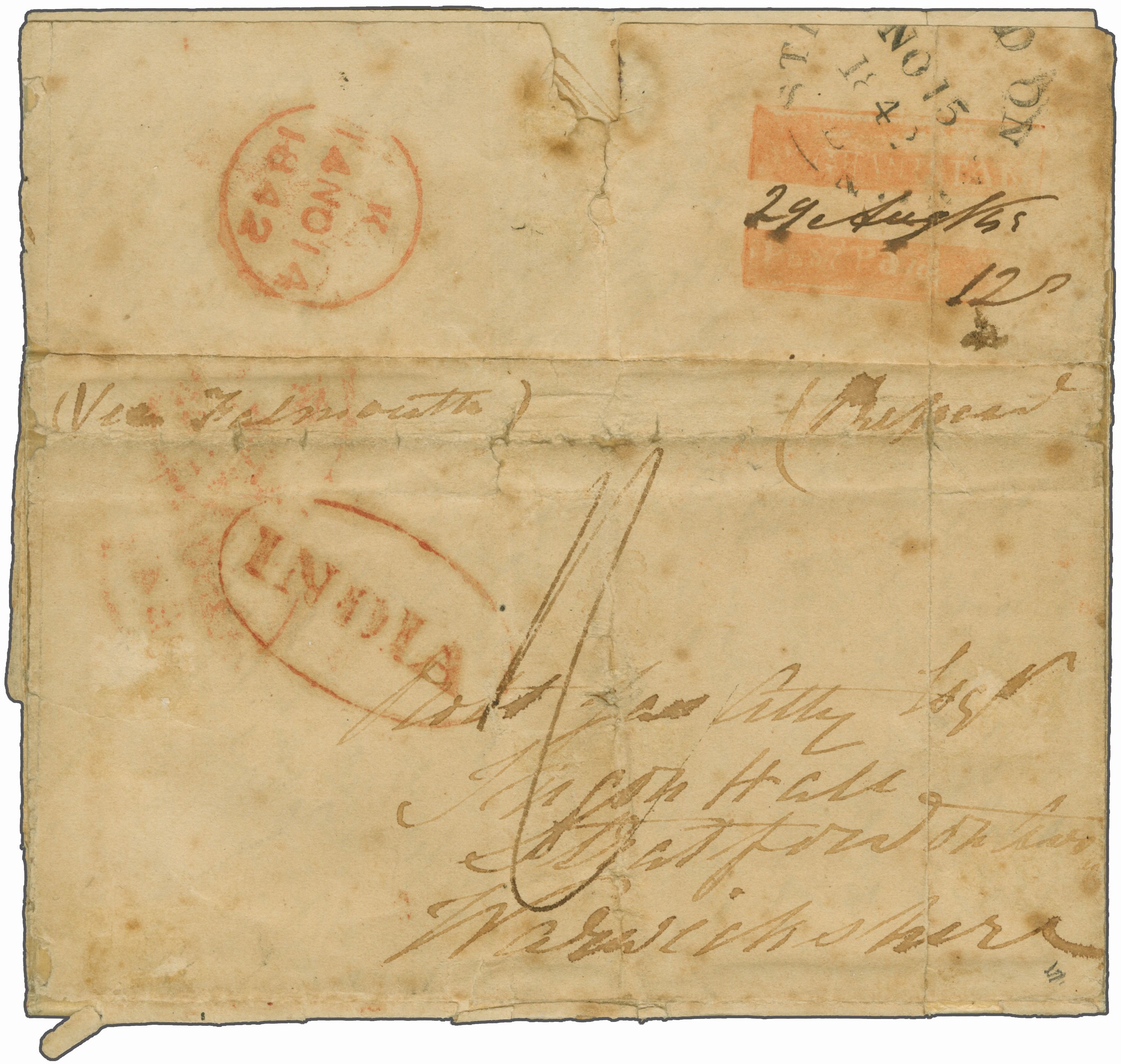 Pre-stamp cover of India — 27 August 1842, Afghanistan FP 4 handstruck folded letter (COV-5130)