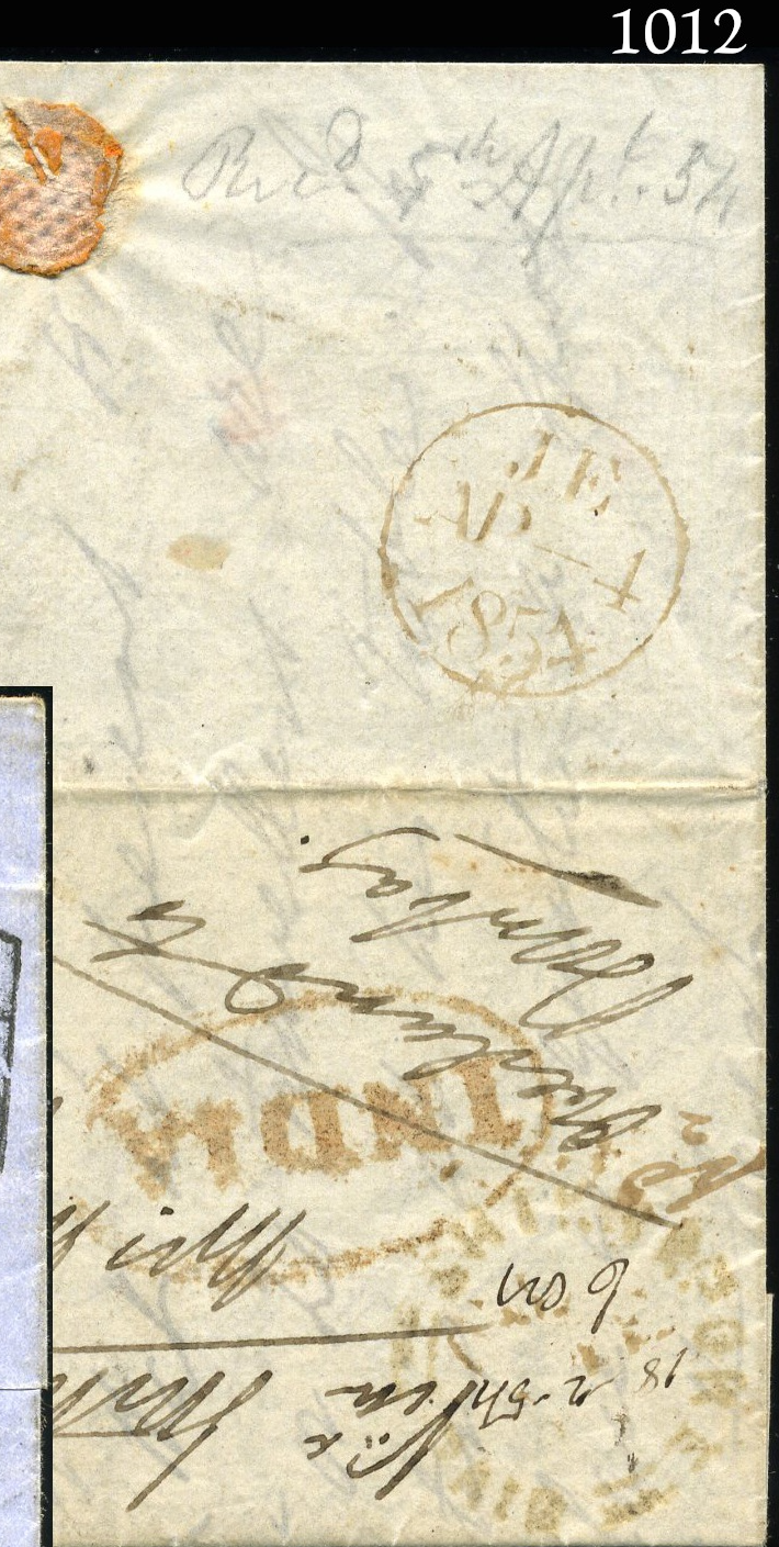 Pre-stamp cover of India — 18 February 1854, Shikarpore HG 4 handstruck folded letter (COV-5435)