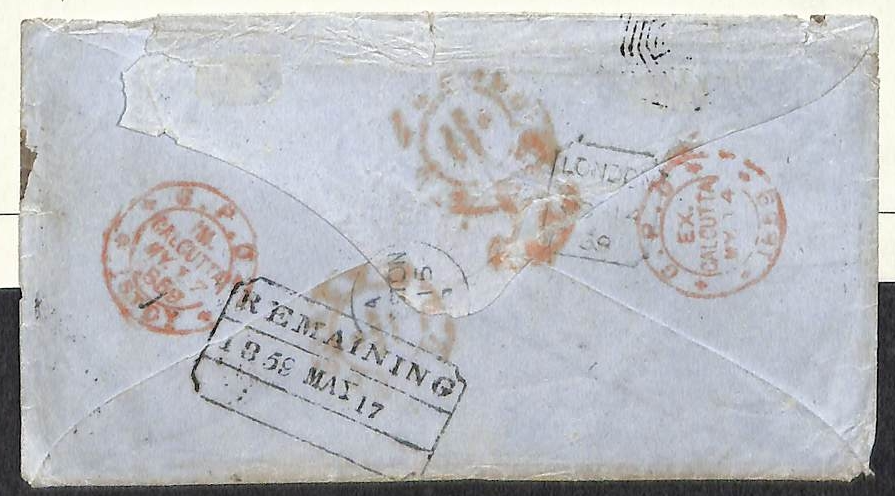 Pre-stamp cover of India — 17 May 1859, Calcutta HG 36 handstruck folded letter (COV-4934)