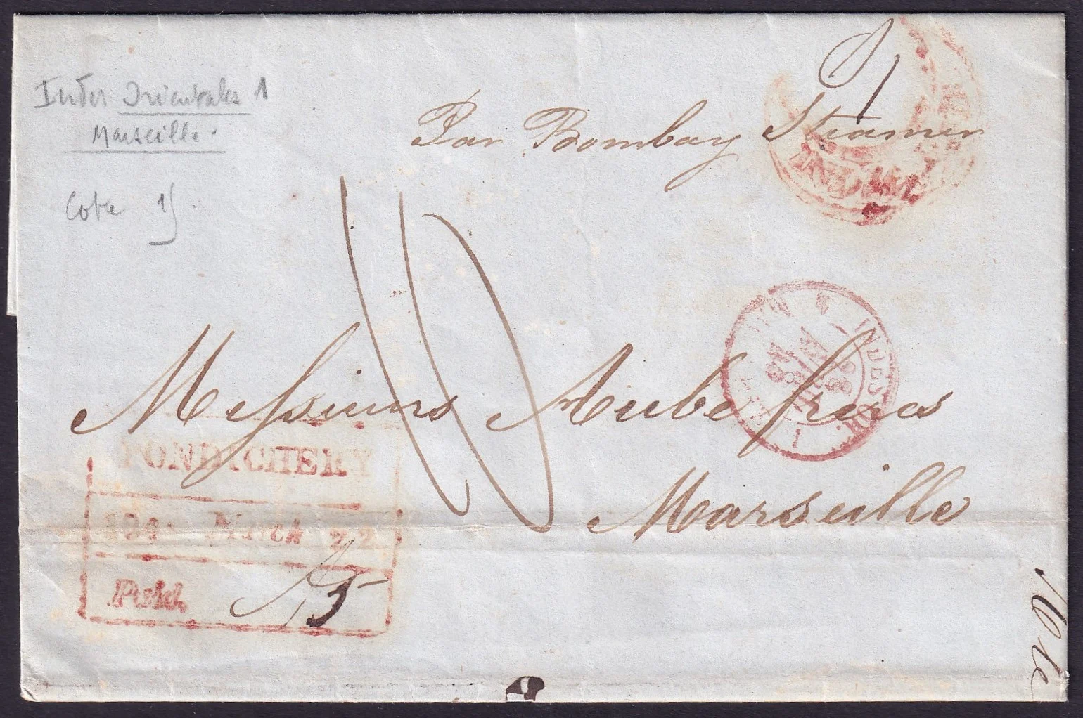 22 March 1848 Pondicherry HG 10 pre stamp cover — COV-3150