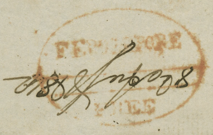 Handstruck stamp of India — Ferozepore HG 7 pre-1854 handstamp