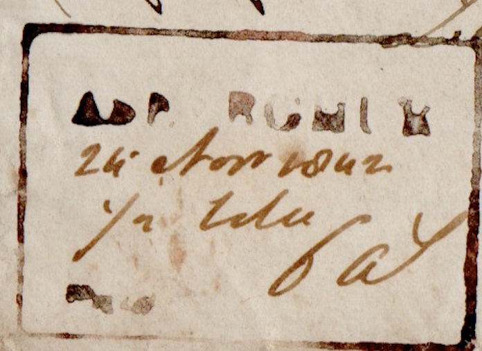 Assurghur HG 2 — pre-1854 Indian handstamp, 1842, Red
