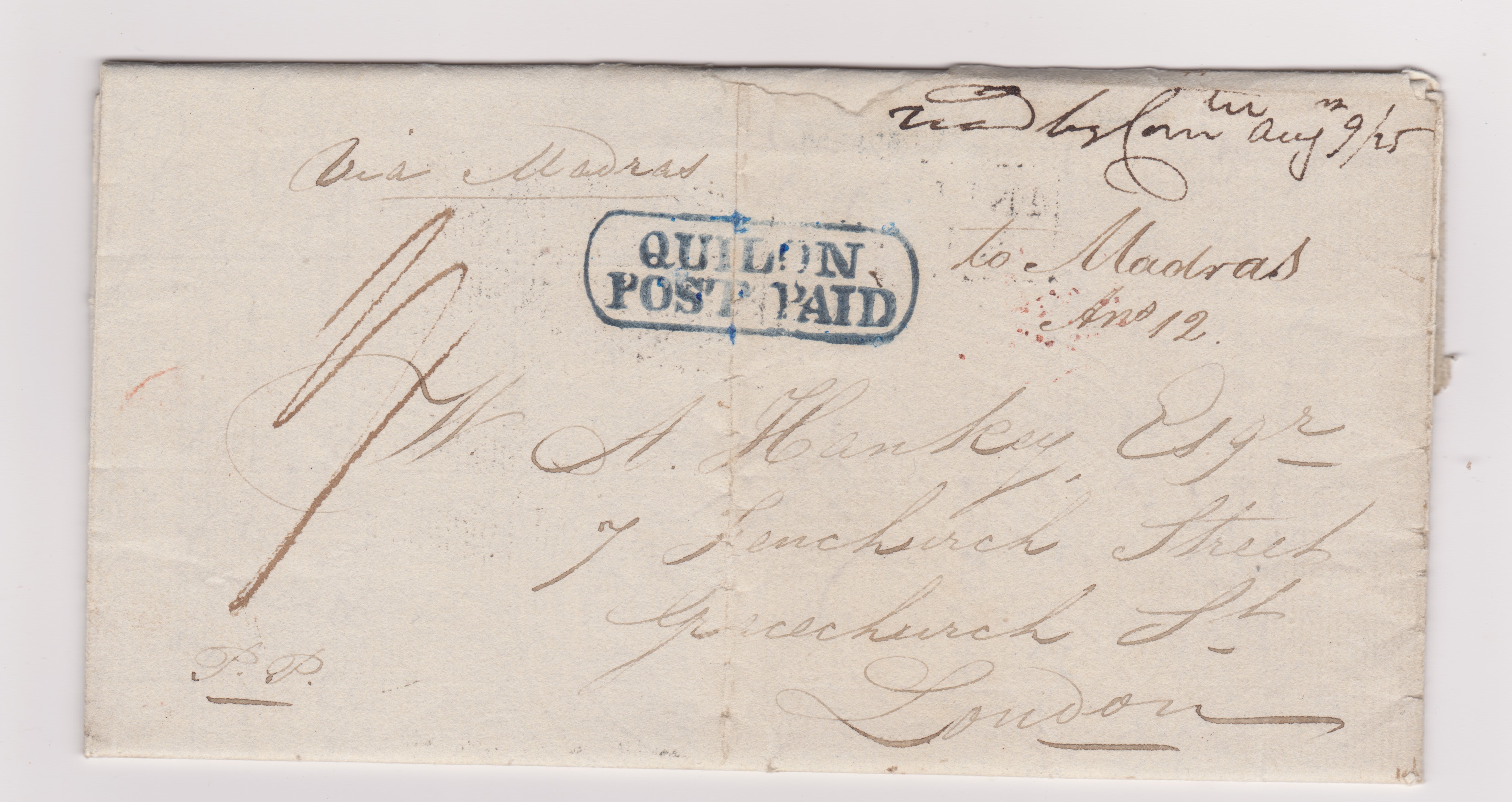 August 1824 Quilon HG 1 pre stamp cover — COV-586