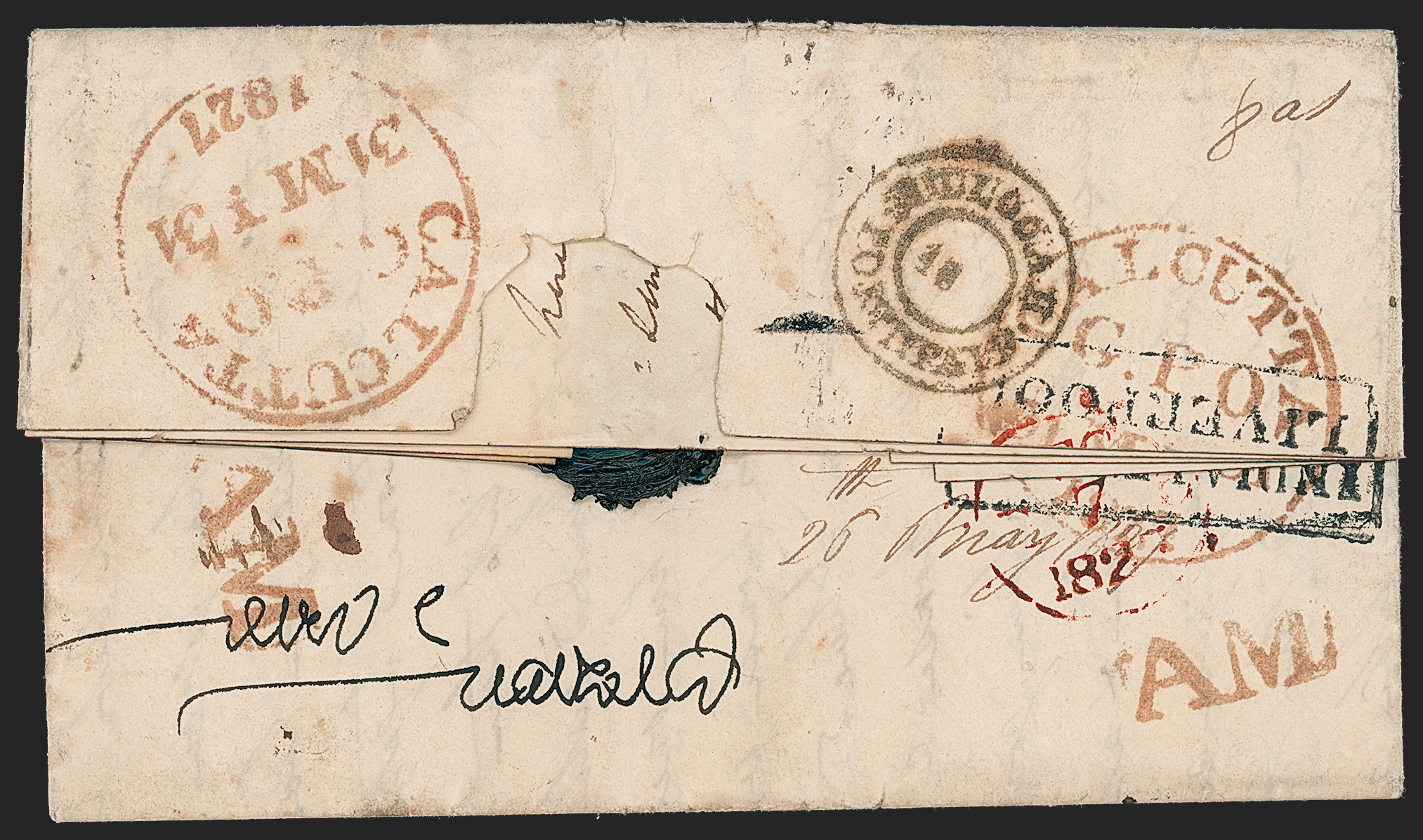 Pre-stamp cover of India — 26 May 1827, Bulluah HG 2 handstruck folded letter (COV-5348)