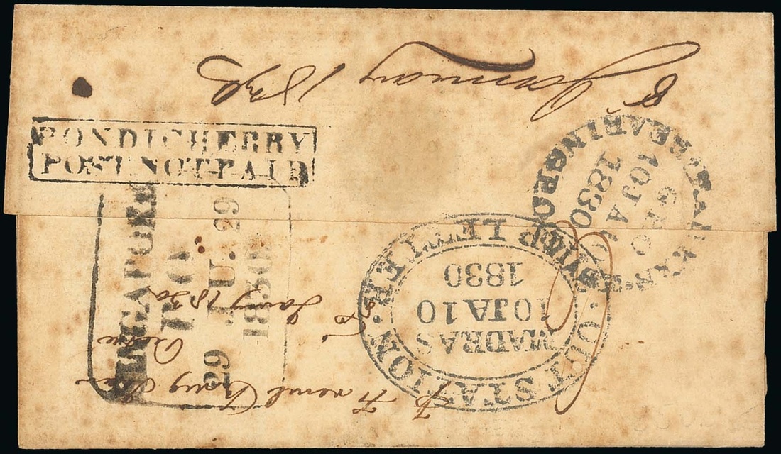 Pre-stamp cover of India — 1830, Singapore FP 1 handstruck folded letter (COV-5549)