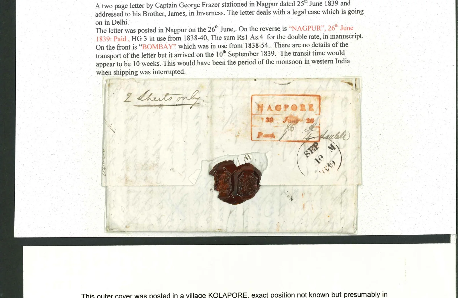 Pre-stamp cover of India — 26 June 1839, Nagpore HG 3 handstruck folded letter (COV-5007)