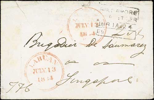 Pre-stamp cover of India — 1834, Singapore FP 2 handstruck folded letter (COV-5533)