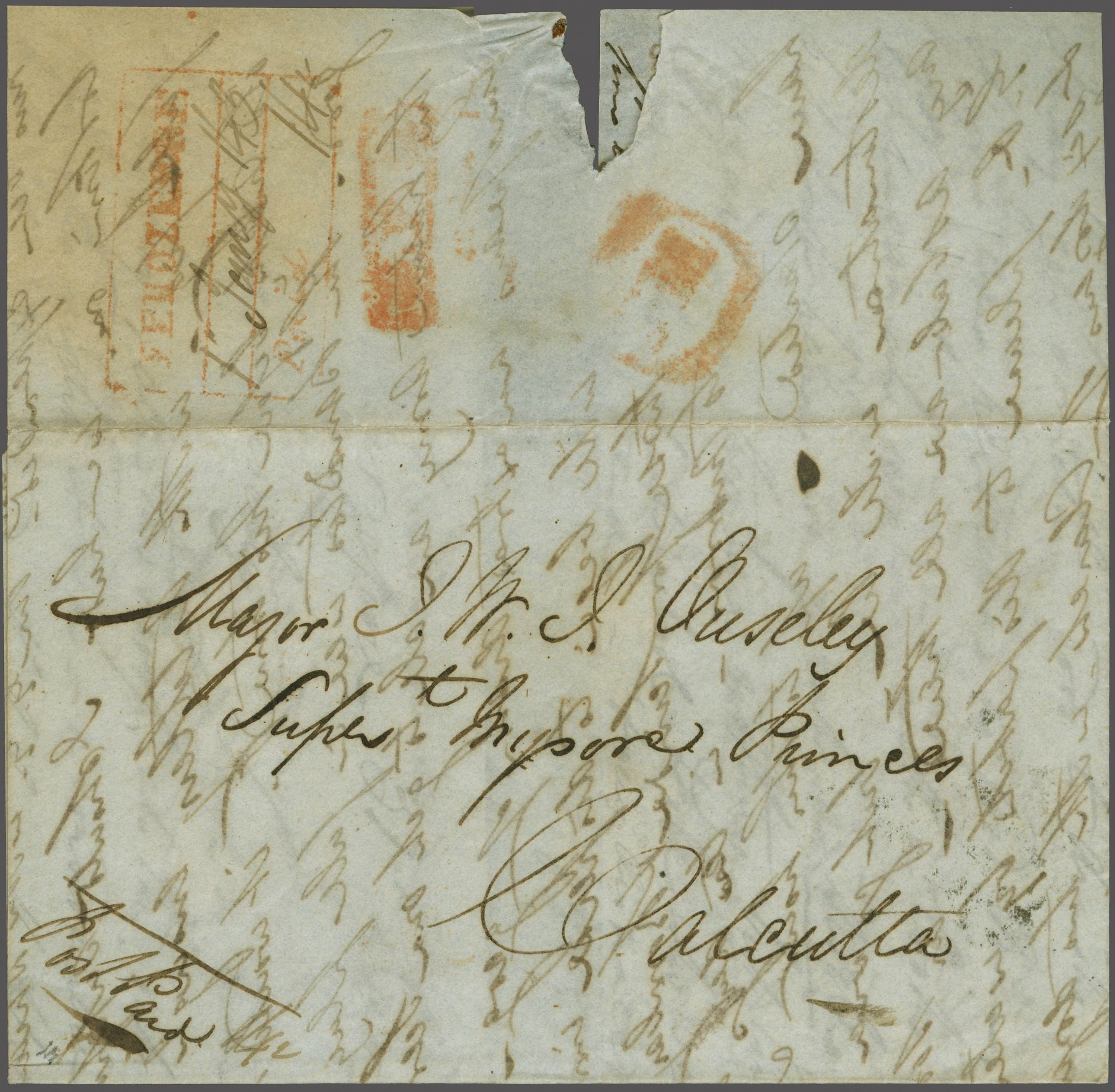 Pre-stamp cover of India — 31 December 1842, Ferozepore HG 1 handstruck folded letter (COV-5135)