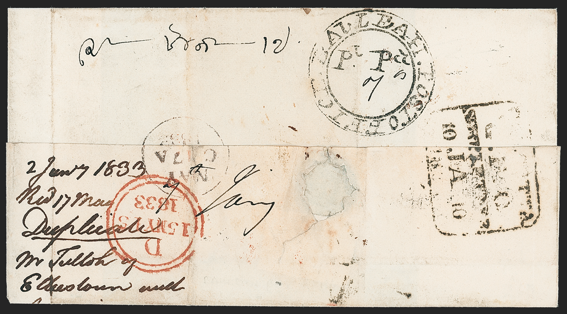Pre-stamp cover of India — 2 January 1833, Bauleah HG 2 handstruck folded letter (COV-5242)