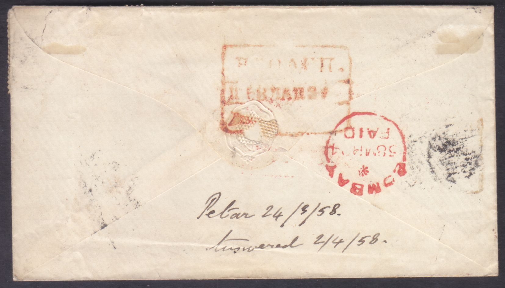 Pre-stamp cover of India — 1858, Broach HG 3 handstruck folded letter (COV-5485)