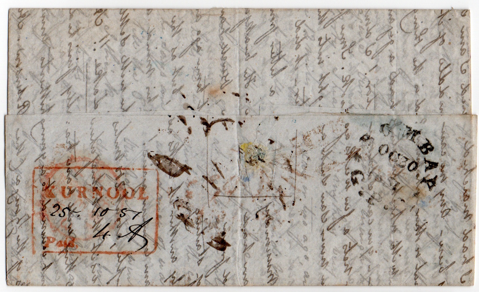 25 October 1851 Kurnal (Mad) HG 2 pre stamp cover — COV-3064