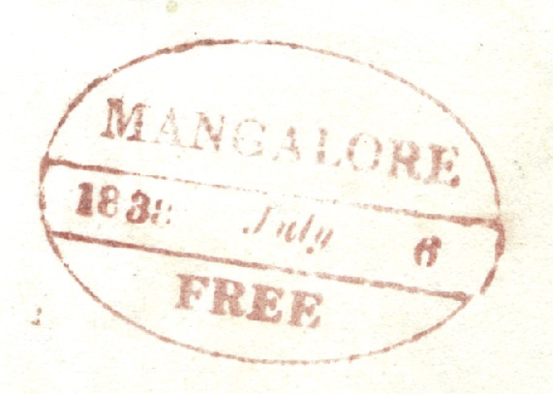 Mangalore HG 4 — pre-1854 Indian handstamp, 1838, Red