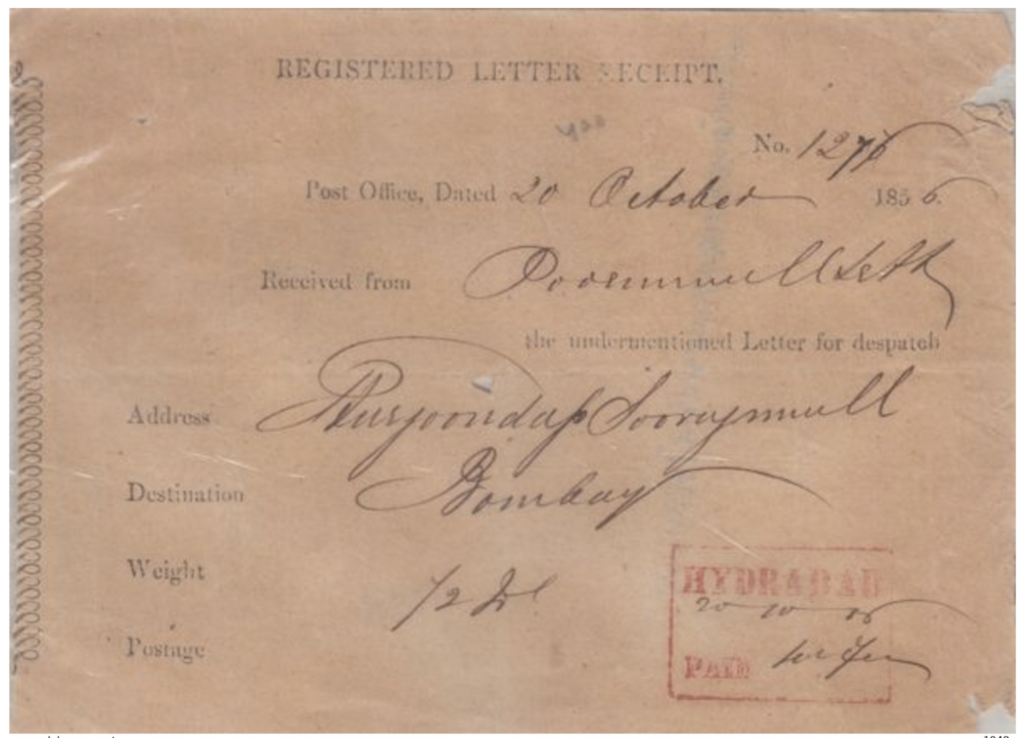 20 October 1856 Hyderabad HG 10 pre stamp cover — COV-4058