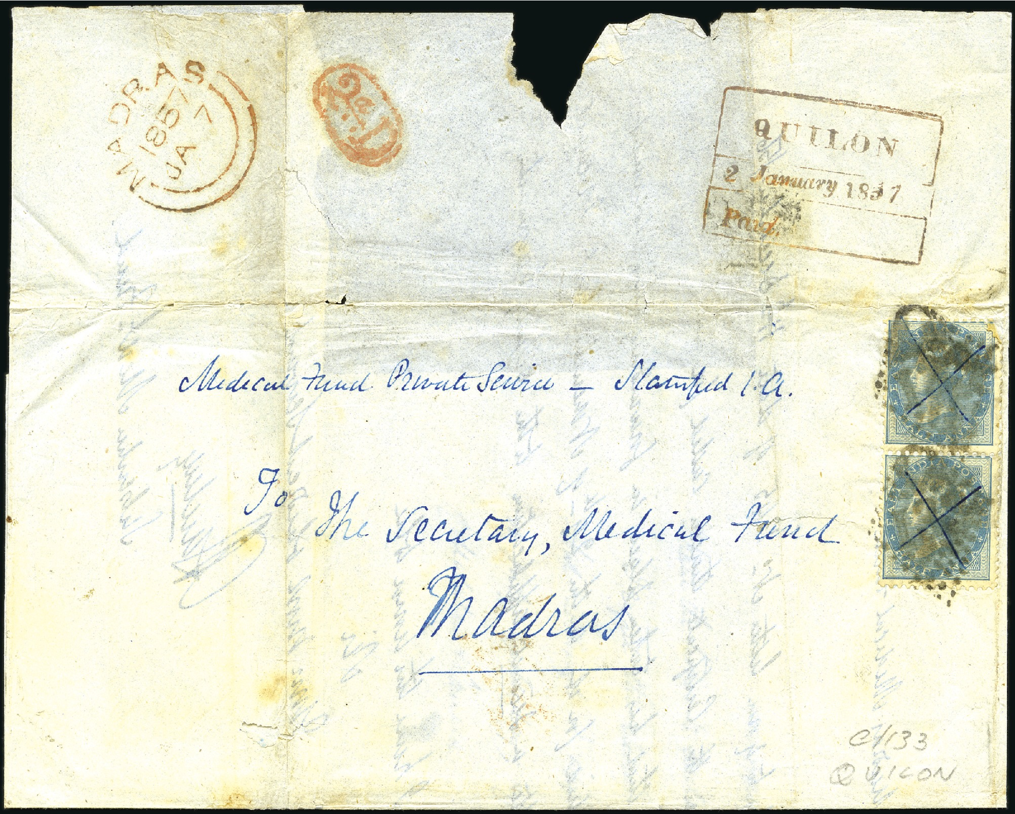 2 January 1857 Quilon HG 5 pre stamp cover — COV-2777