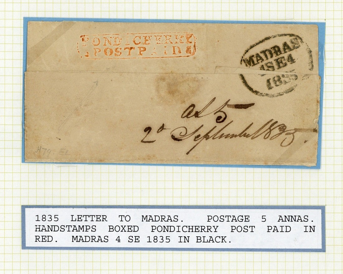 Pre-stamp cover of India — 1835, Pondicherry HG 5 handstruck folded letter (COV-5185)