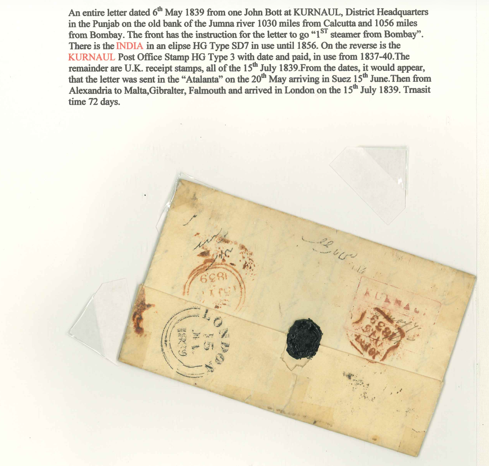 Pre-stamp cover of India — Kurnaul (NWP) HG 3 handstruck folded letter (COV-5024)