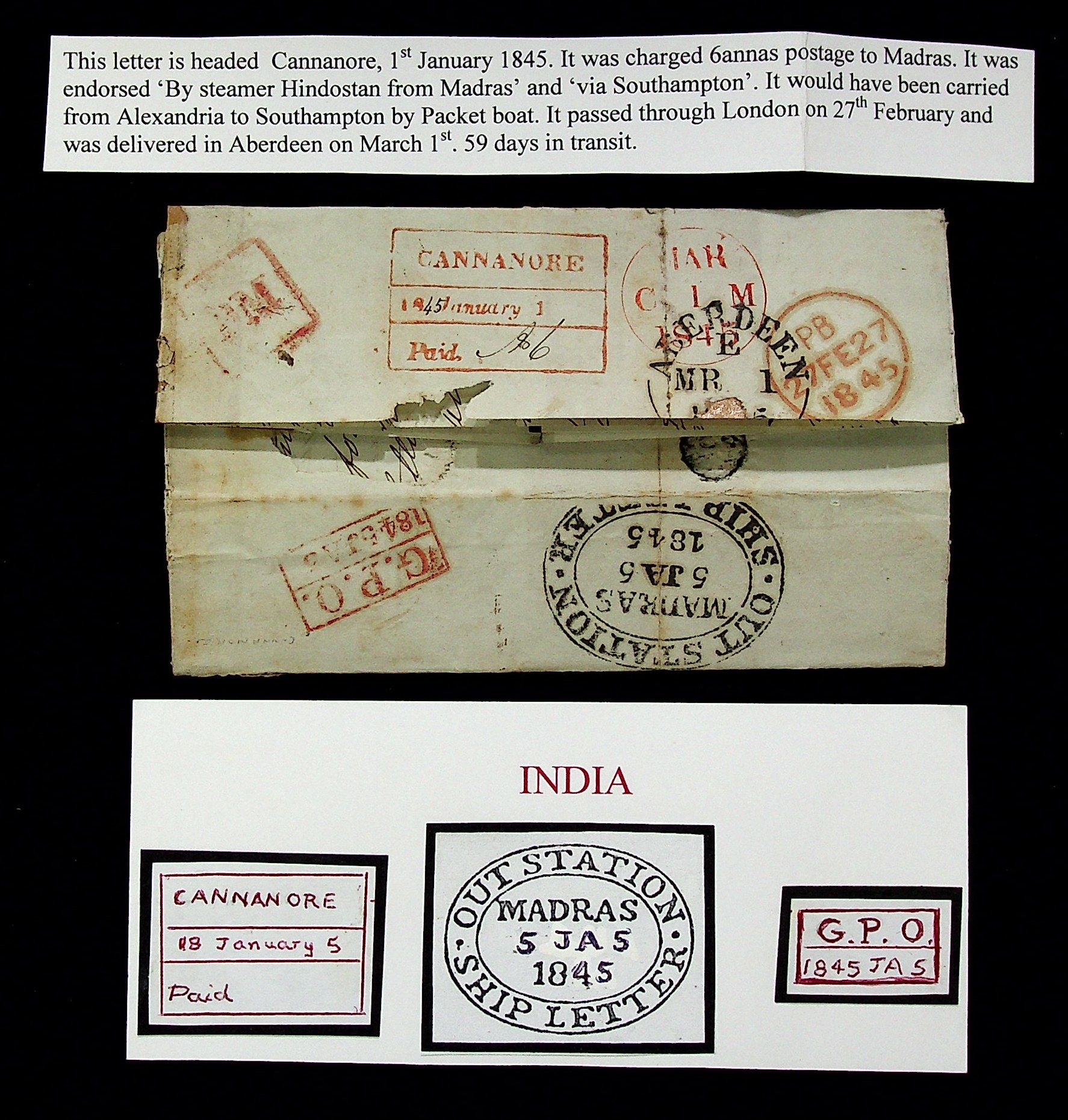 1 January 1845 Cannanore HG 5 pre stamp cover — COV-3643