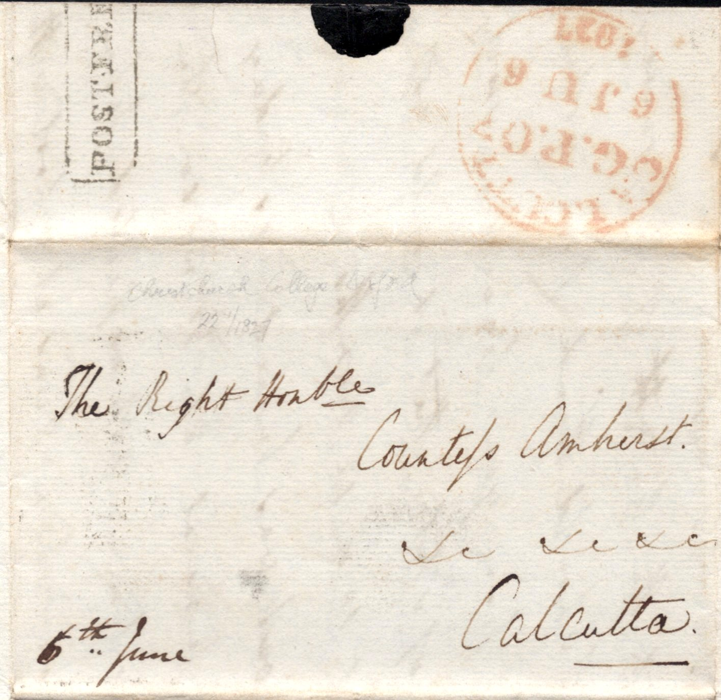 6 July 1827 Calcutta HG 13 pre stamp cover — COV-4249