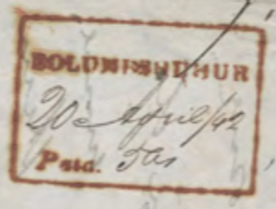 Boolundersher HG 2 — pre-1854 Indian handstamp, 1842, Red