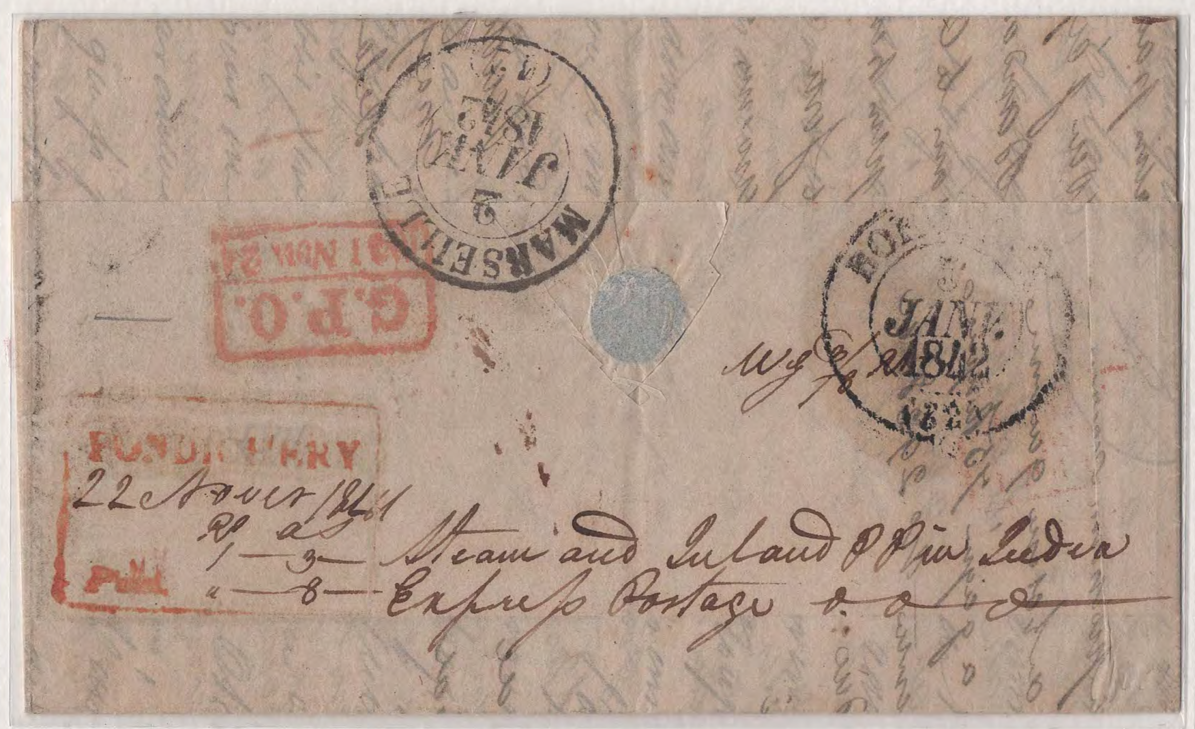 COV-2470 — 22 November 1841 Pondicherry HG 7 pre-stamp cover