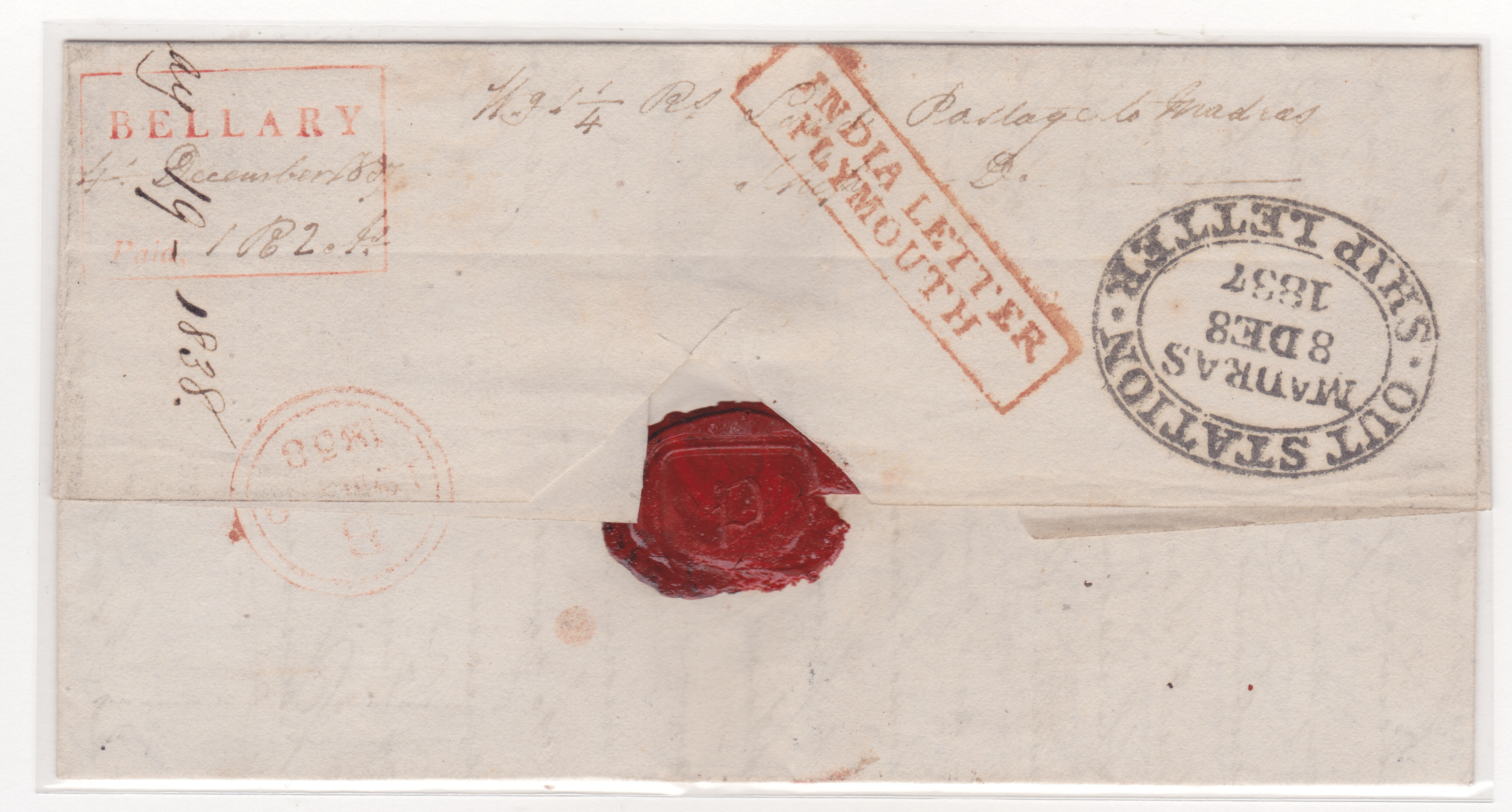 8 December 1837 Bellary HG 6 pre stamp cover — COV-3817