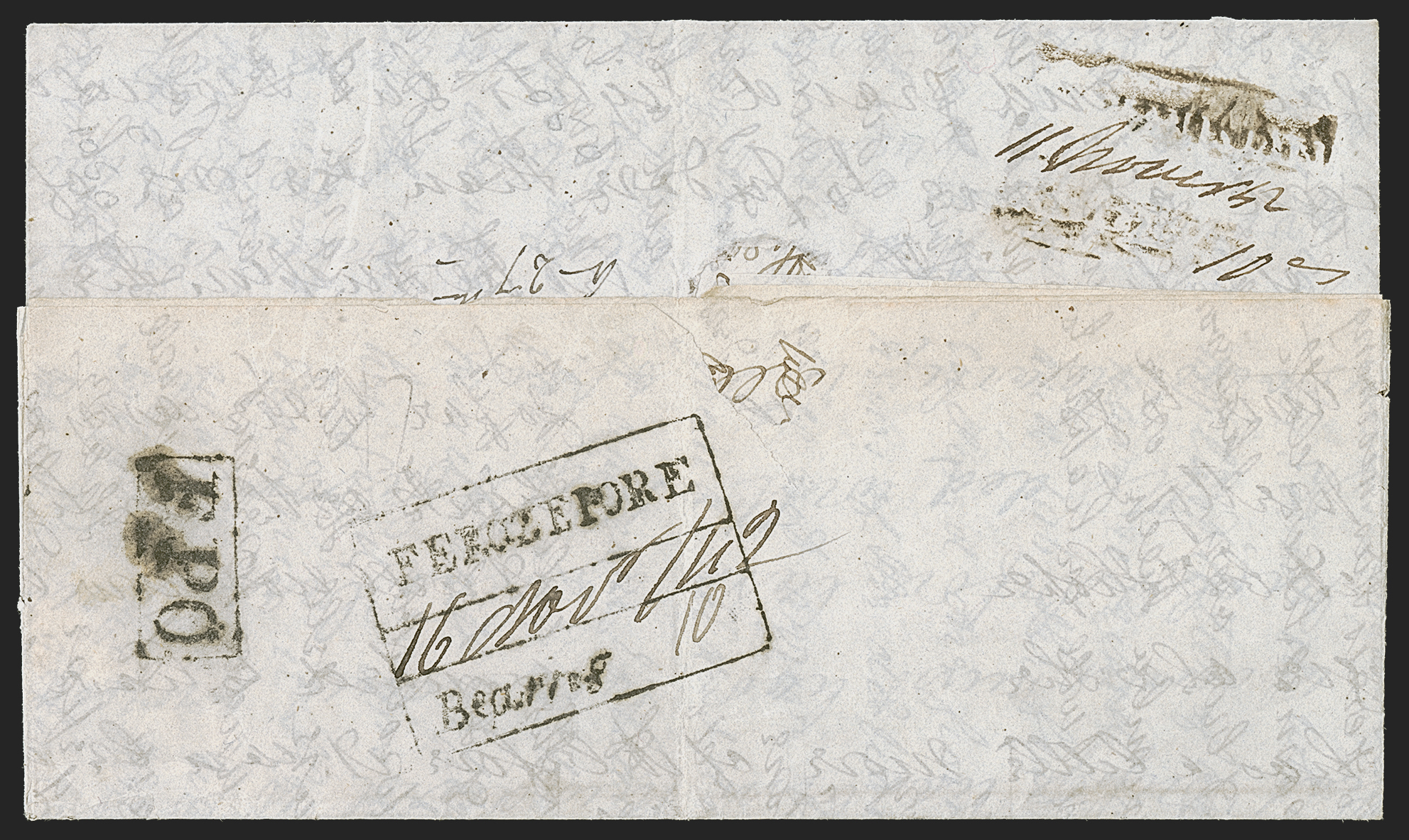 Pre-stamp cover of India — Nov 16 1842, Ferozepore HG 2 handstruck folded letter (COV-5153)
