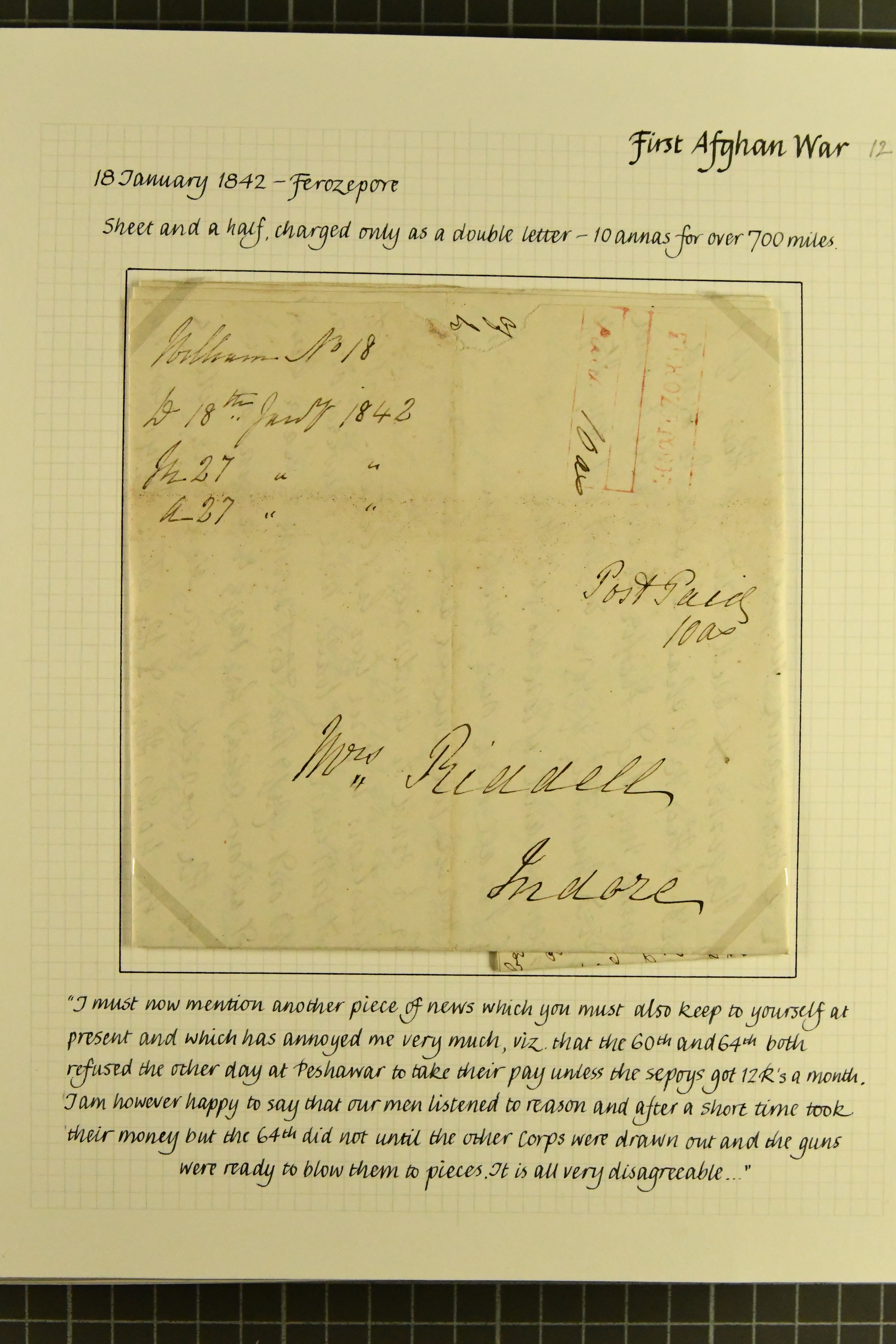 Pre-stamp cover of India — 18 January 1842, Ferozepore HG 1 handstruck folded letter (COV-5059)