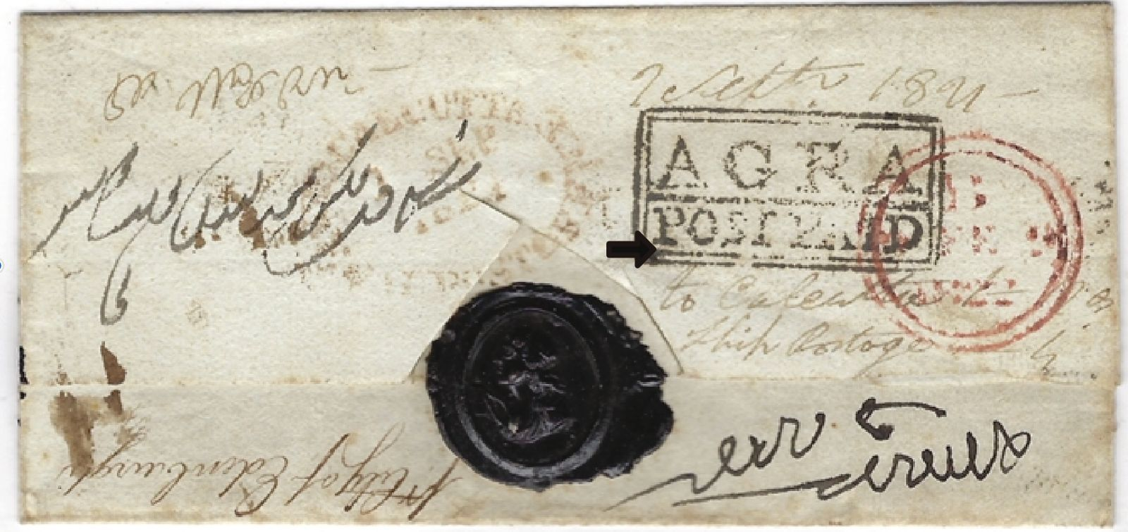 Pre-stamp cover of India — 2 September 1824, Agra HG 1 handstruck folded letter (COV-5210)