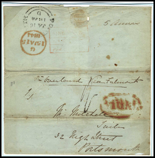 Pre-stamp cover of India — 1843, Singapore FP 5 handstruck folded letter (COV-5527)