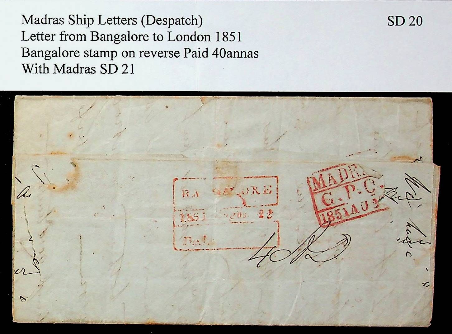 22 March 1851 Bangalore HG 9 pre stamp cover — COV-3735