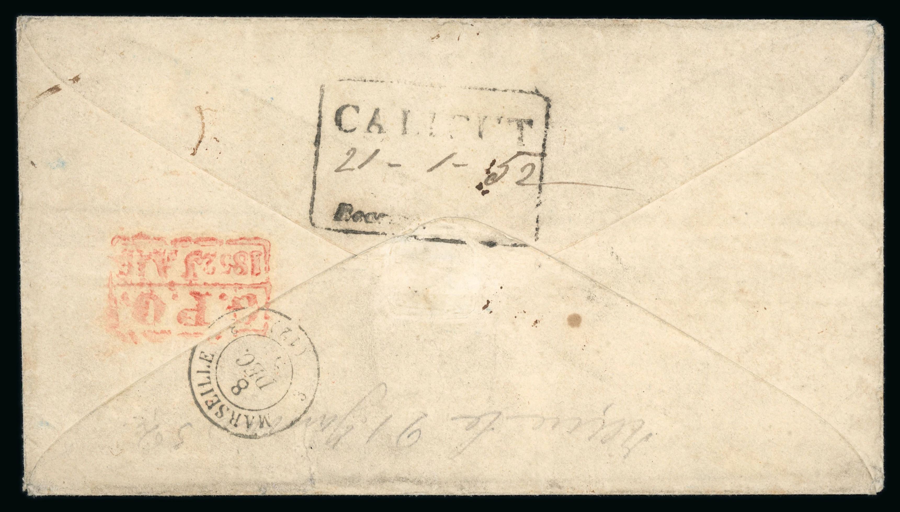 Pre-stamp cover of India — 1852, Calicut HG 3 handstruck folded letter (COV-4928)