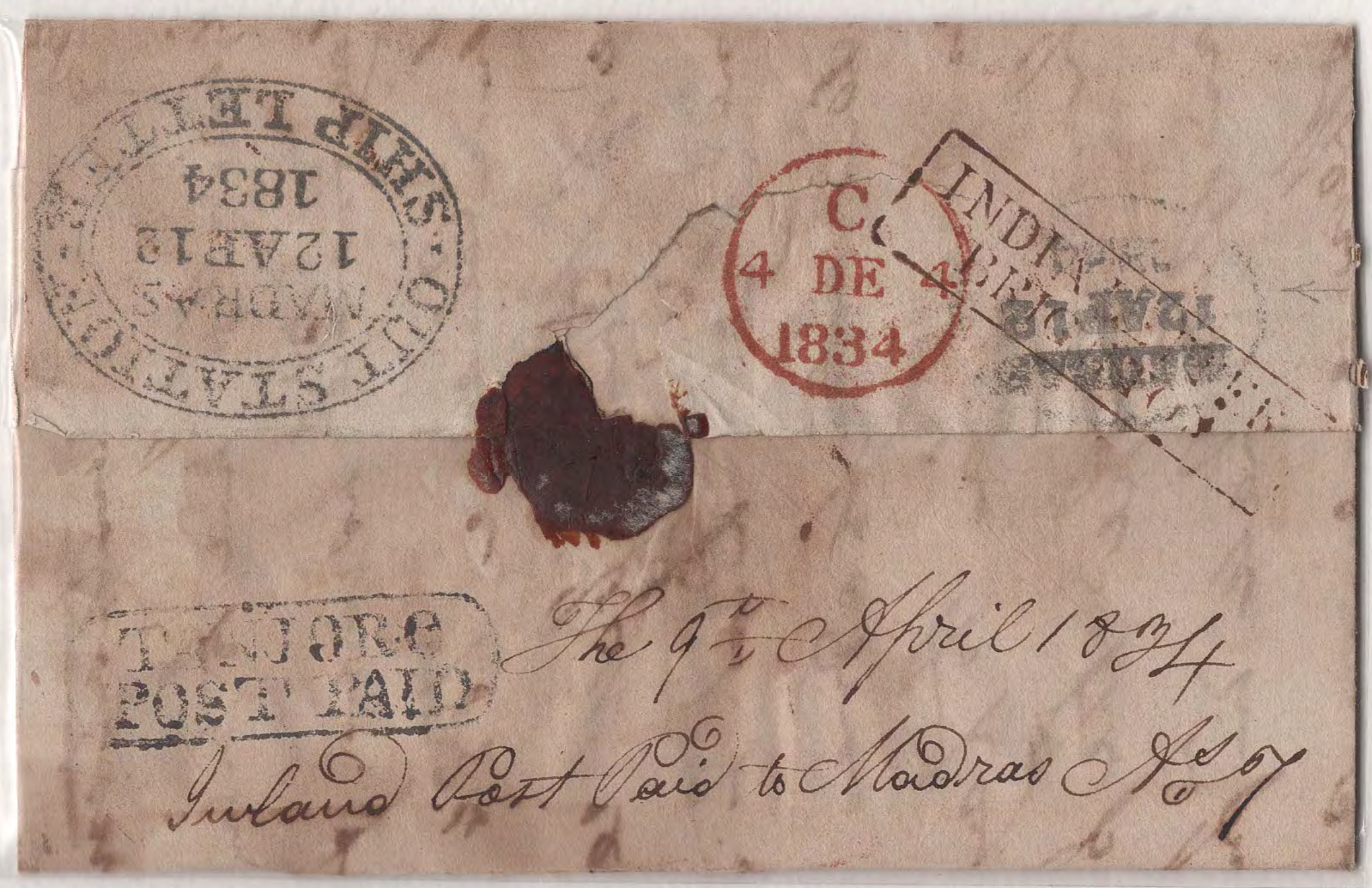 COV-2460 — 9 April 1834 Tanjore HG 3 pre-stamp cover