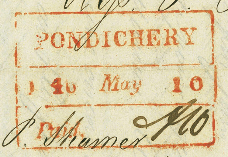 Pondicherry HG 10 — pre-1854 Indian handstamp, 1840–1854, Red