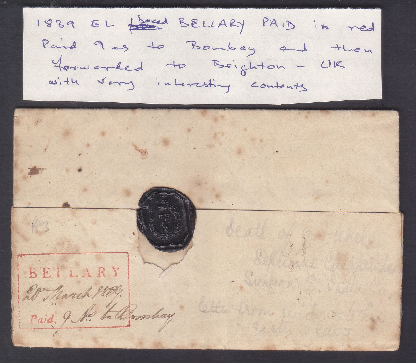 20 March 1839 Bellary HG 6 pre stamp cover — COV-3744